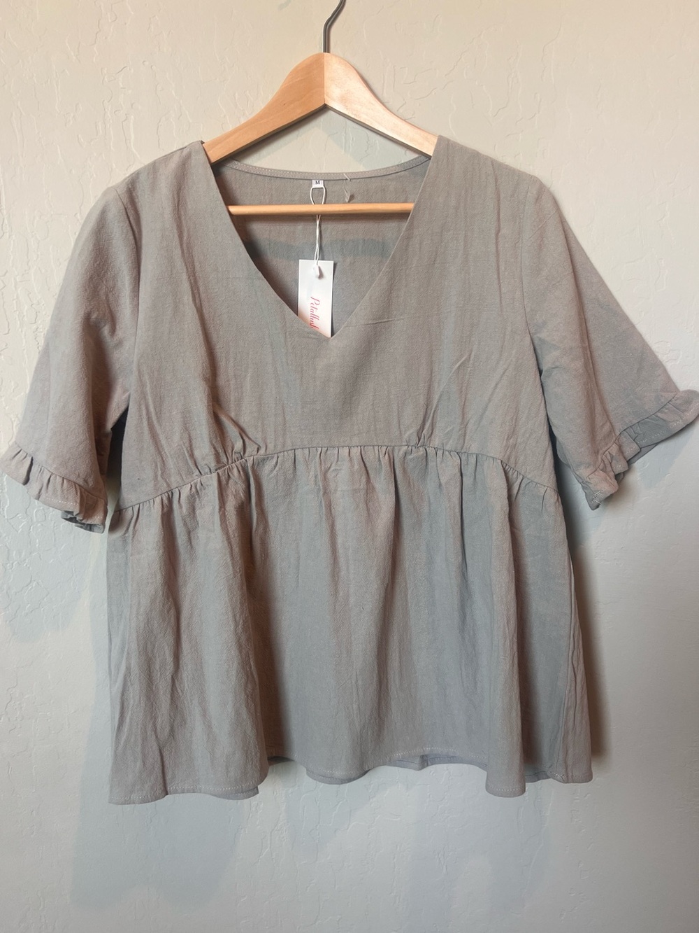 Petallush V-Neck Peplum Blouse in Light Gray